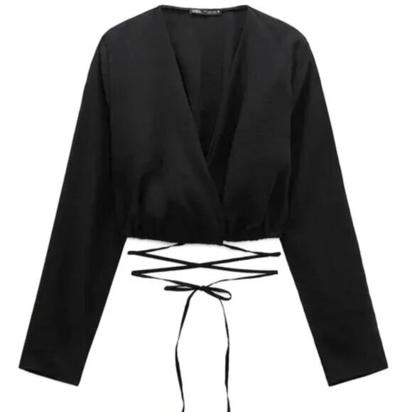 SALE 2/25 NWT Zara Long Sleeve Plunge V Neck Cinch Tie Crop Top Black- Medium - Picture 2 of 9